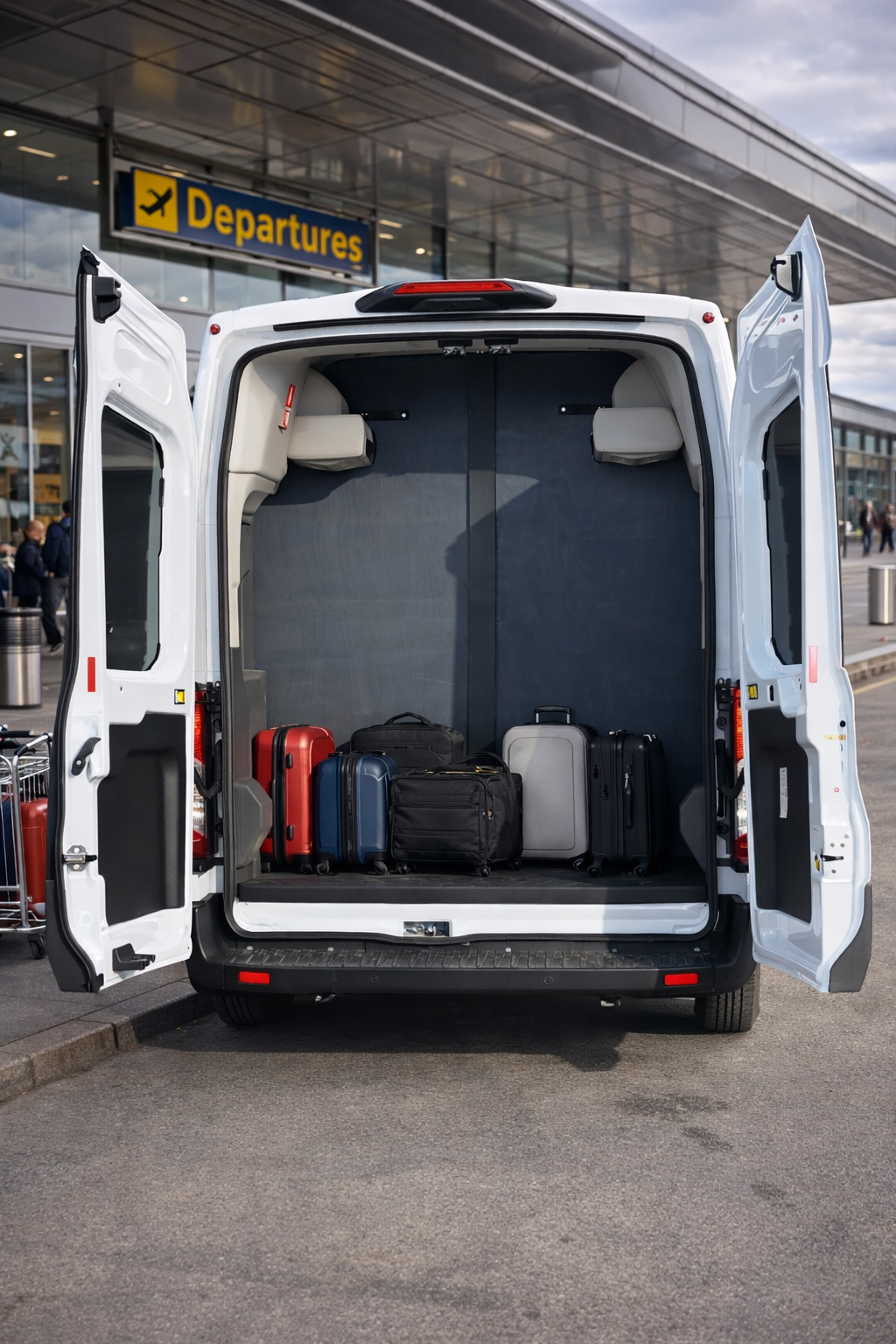 Empty cargo space of a white van with closed doors at an airport terminal, luggage inside, and a departure sign visible in the background.