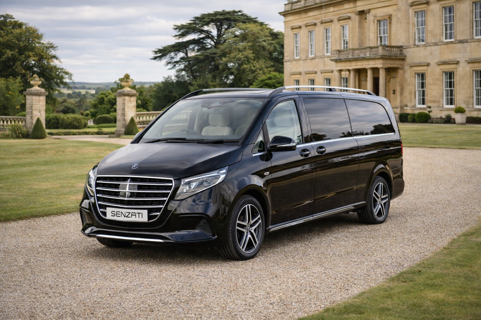 A black luxury van parked on a gravel driveway in front of a grand estate with columns and manicured lawns.