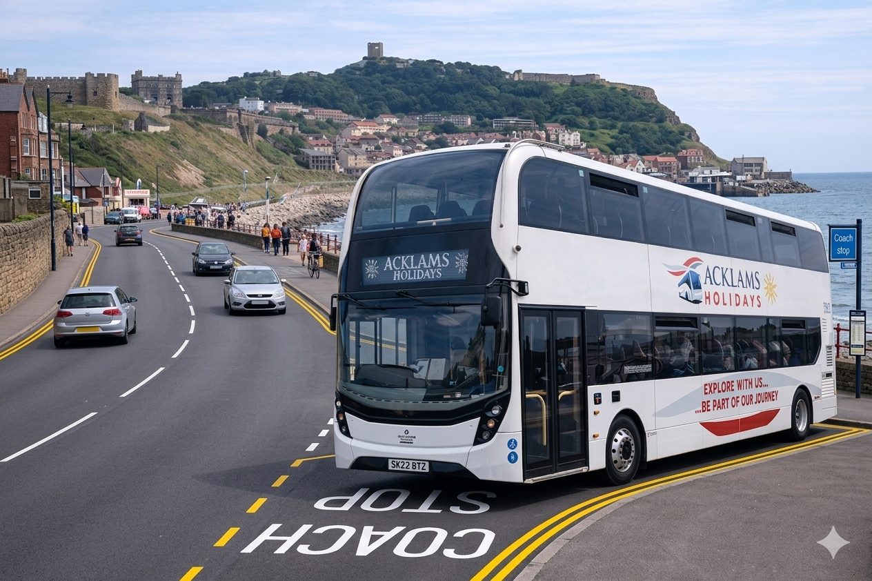 A double-decker tour bus labeled 'ACKLAMS HOLIDAYS' parked near a coastal road in a seaside town, with cars and pedestrians nearby, and hilltop castles in the background.