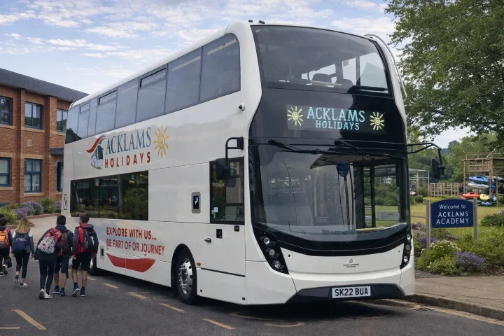 Double-decker bus with 'ACKLAMS HOLIDAYS' branding and group of students boarding outside a school building.