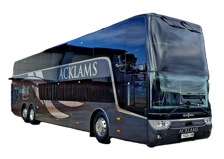 A double-decker bus with the name 'ACKLAMS' on the side, parked against a black background.