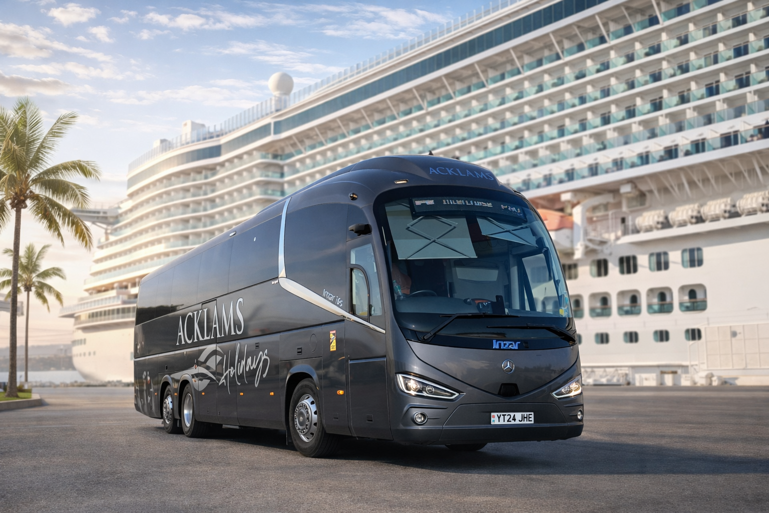 A black Acklams Holidays bus parked in front of a cruise ship with multiple decks and glass balconies, under a partly cloudy sky with palm trees nearby.