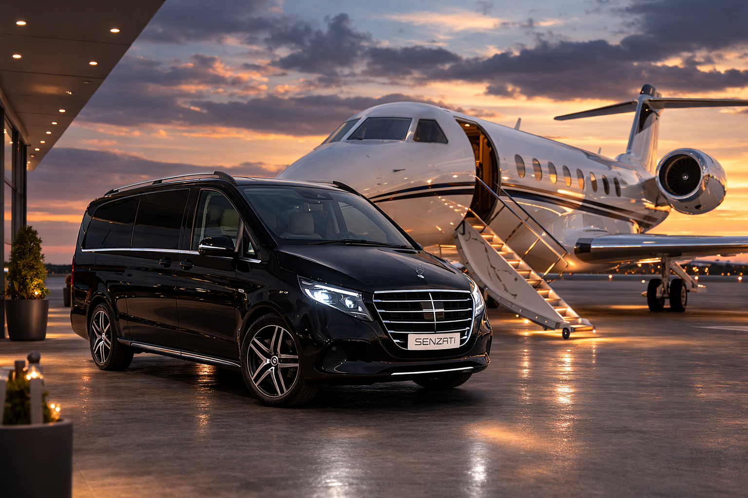 A black luxury van parked on an airport tarmac near a private jet during sunset.