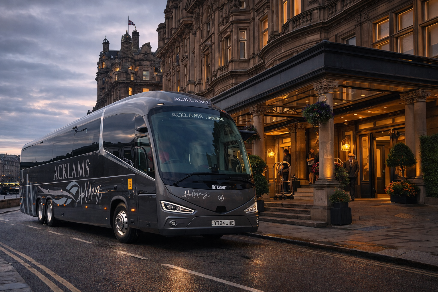 A black Acklams Holidays bus parked outside a grand hotel entrance at dusk with lit lamps, floral decorations, and staff members in formal attire, in front of a historic building with large windows and ornate architecture.