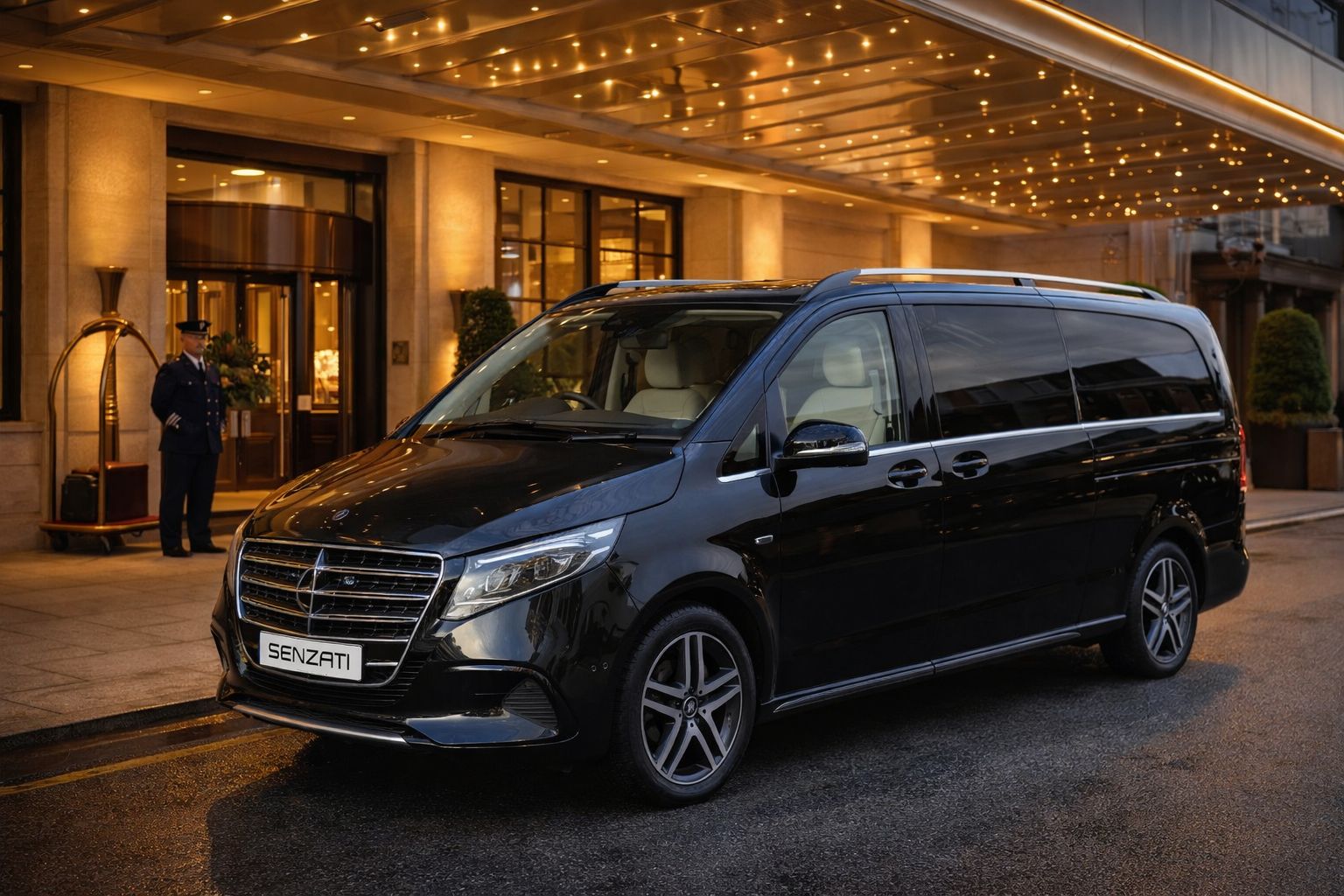 A black Mercedes-Benz Senzati van parked outside a hotel entrance with a doorman standing nearby.