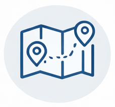 Icon of a folded map with two location markers and a dashed path connecting them.