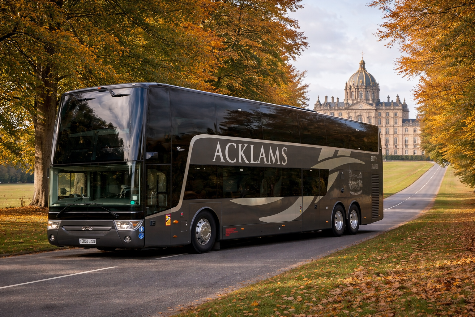 A black double-decker bus labeled 'ACKLAMS' is driving on a road surrounded by fall foliage and trees, with a historic building with a dome in the background.