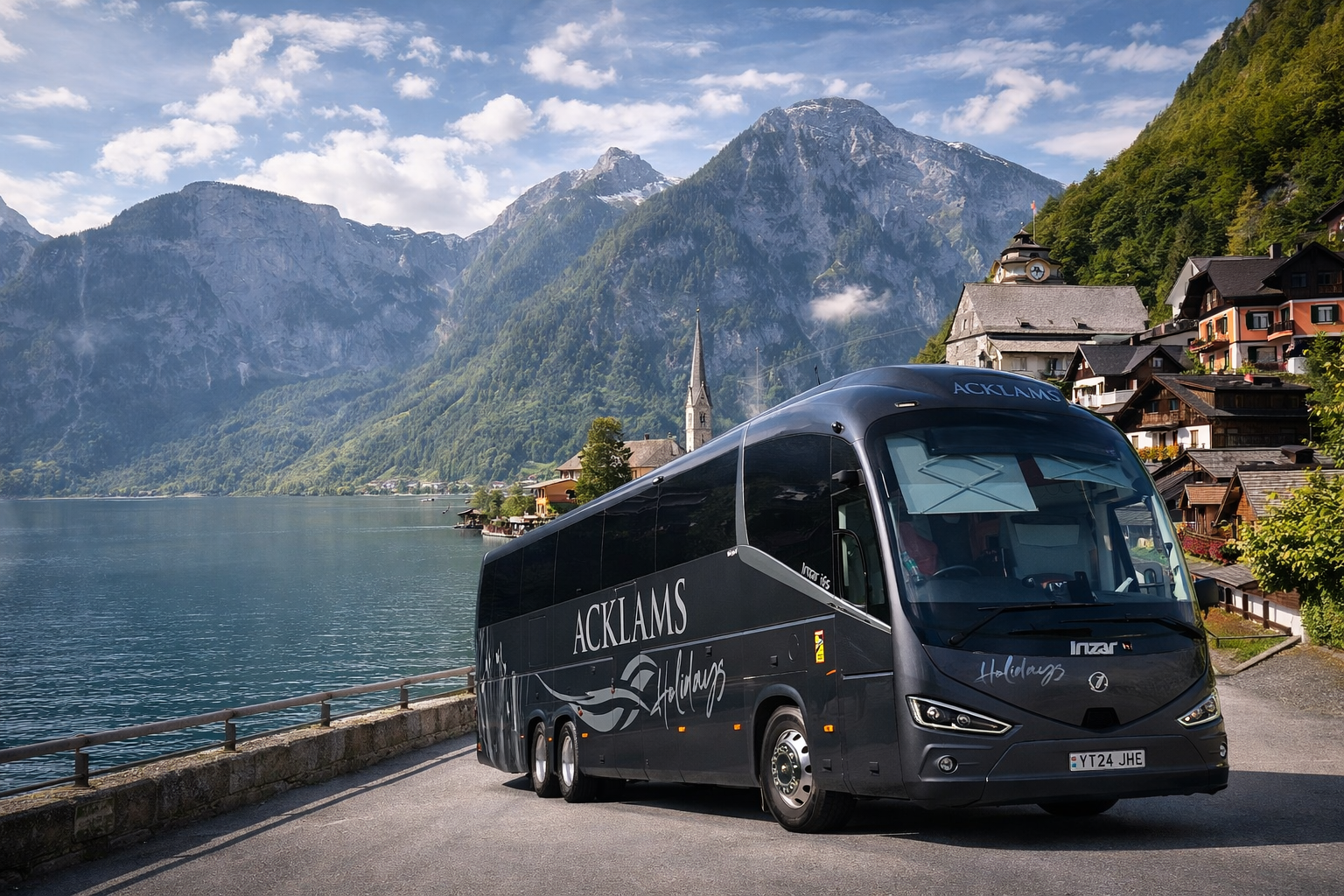 A black sightseeing bus parked along a lakeside with a mountainous landscape and a small village in the background.