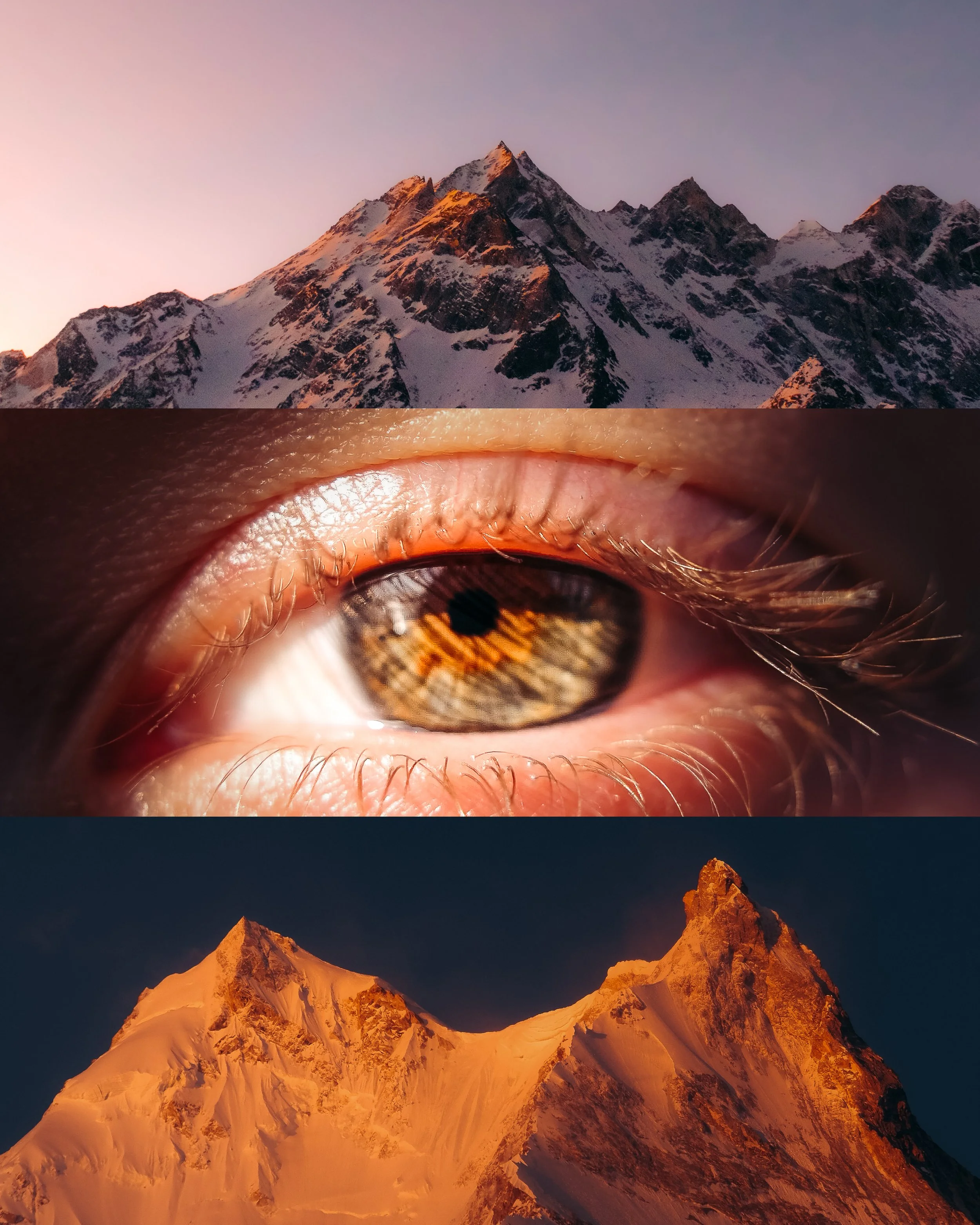 A composite image of three parts: top showing snow-capped mountain peaks at sunset, middle showing a close-up of a human eye with brown iris, bottom showing a snow-covered mountain at sunset.