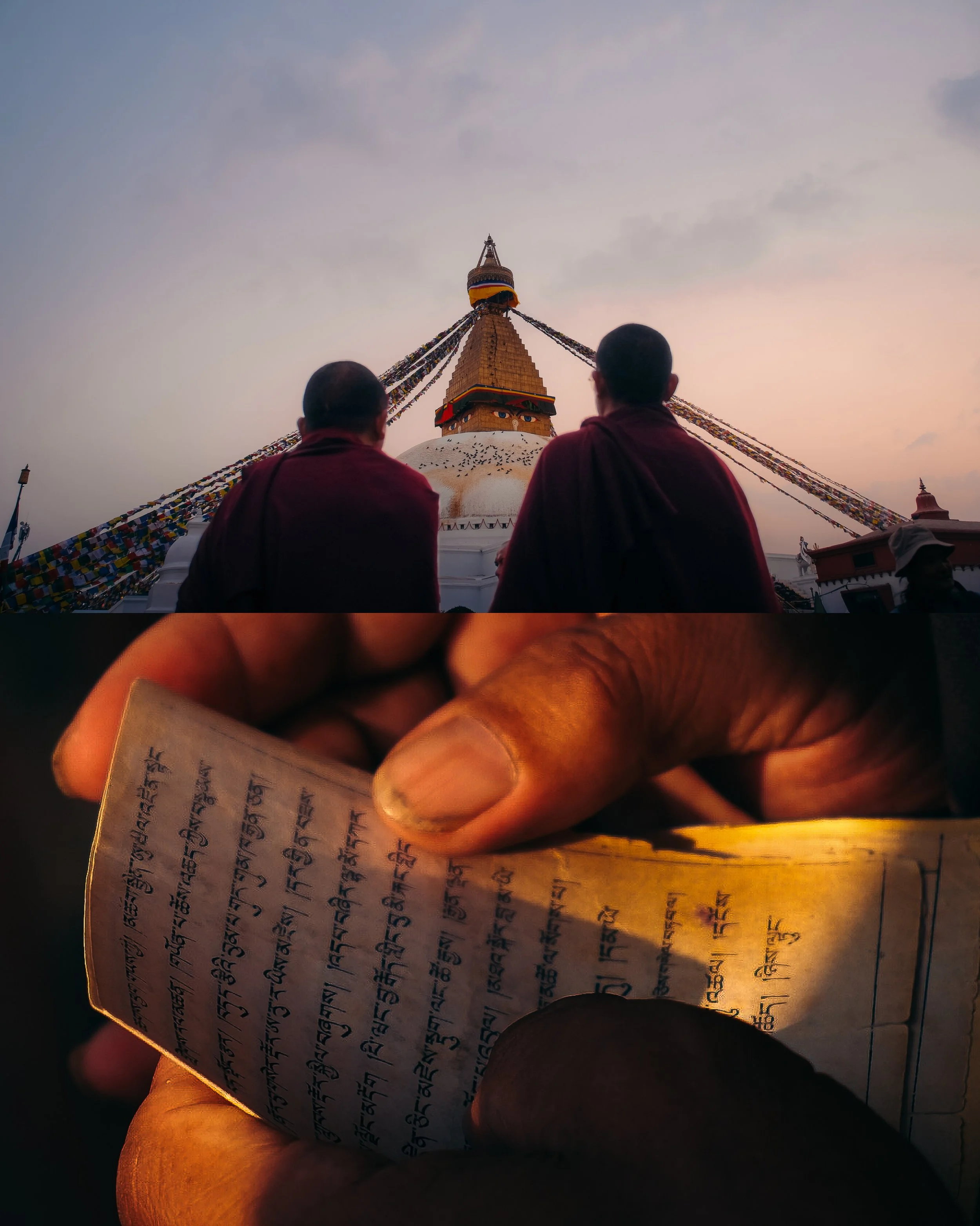 Two monks sitting and praying in front of a large, decorated Buddhist stupa during sunset, with prayer flags hanging from the stupa's spire. Below, a close-up of a hand holding a prayer card with script in a Southeast Asian language.