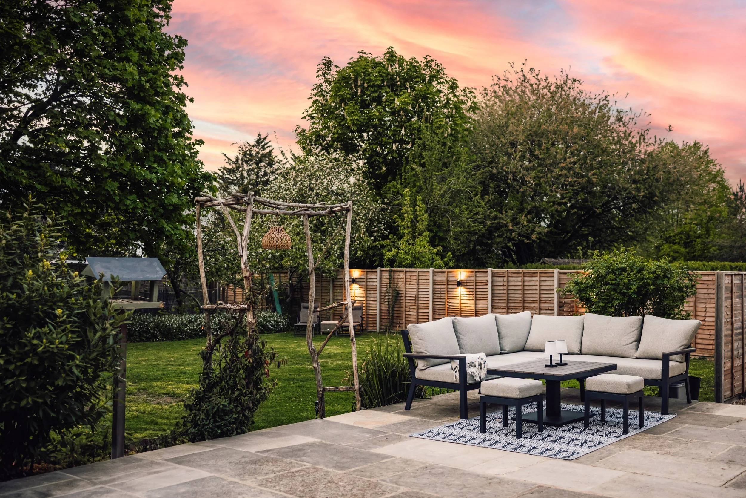 Real estate photography of a luxury garden terrace at a Cotswolds property