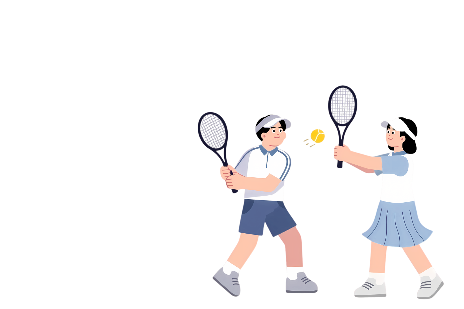 Two young girls playing tennis together on a court, both holding tennis rackets, with a tennis ball in mid-air between them, wearing tennis outfits and caps.