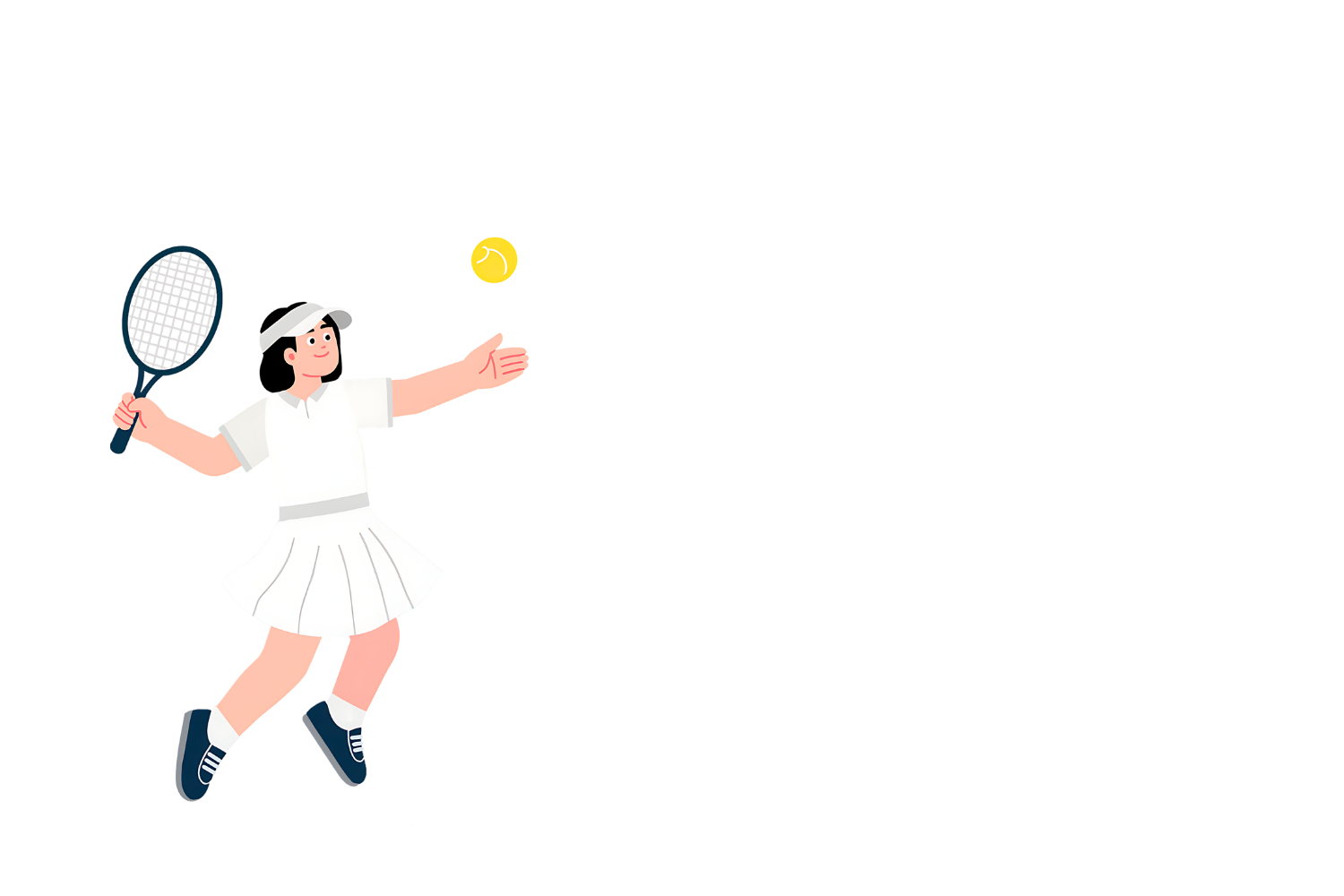 Illustration of a young girl playing tennis, holding a racket in her right hand, reaching out to hit a yellow tennis ball with her left hand, wearing a white tennis outfit and hat, with a large red rectangular area to her right.
