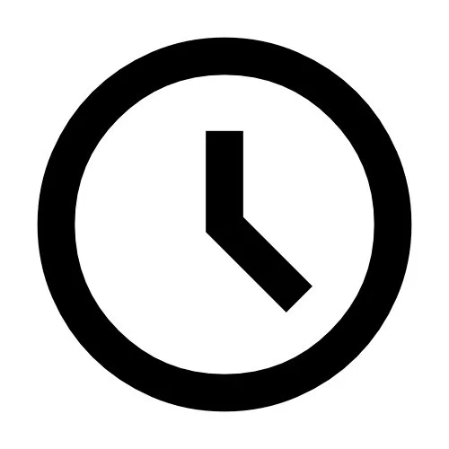 Ein schwarzer Uhrensymbol mit weißen Hintergrund, das eine analoge Uhr mit Zeigern zeigt. Es steht für die optimale Nutzungsdauer des Floating Tanks Rea Float