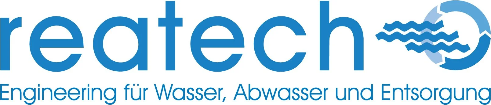Das Logo von Reatech AG, einem Unternehmen für Wasser-, Abwasser- und Entsorgungstechnik, bestehend aus dem Wort "reatech" in blauer Schrift und einem runden Symbol mit Wellenmustern. Reatech AG ist die Firma hinter dem Floating Tank Rotkreuz (Rea Fl