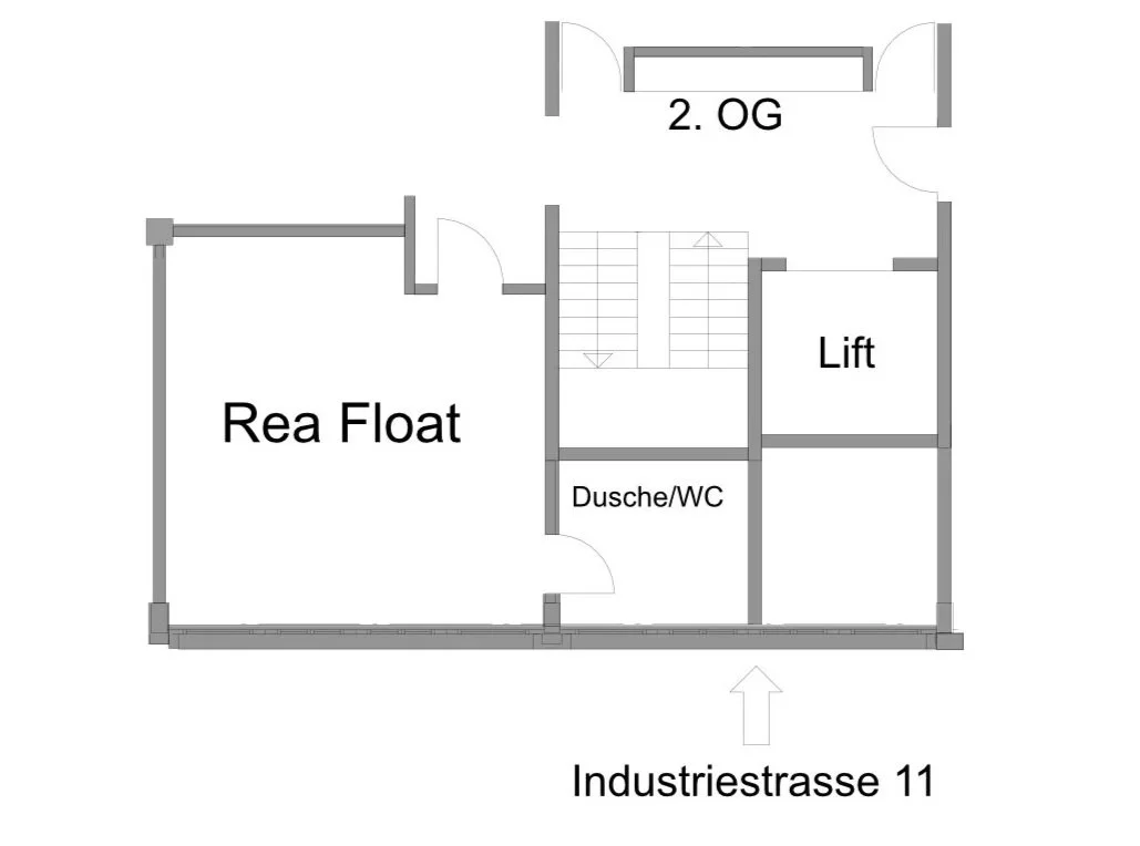 Grundriss eines Gebäudes mit Zimmern, Aufzug und Treppe, Beschriftung auf Deutsch. zum Standort des Floating Tank Rotkreuz (Rea Float)
