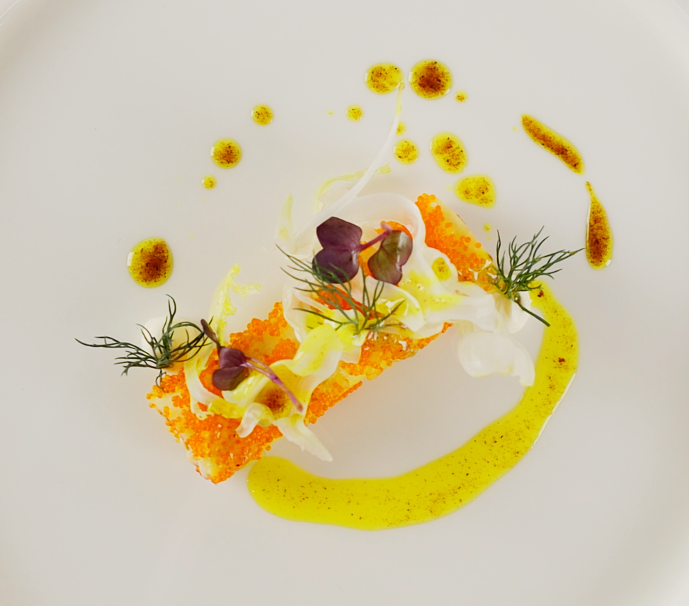 Feines Gericht mit Fisch, Garnelen, Dill, cremiger Sauce, grüner Dekoration und gelber Sauce auf weißem Teller