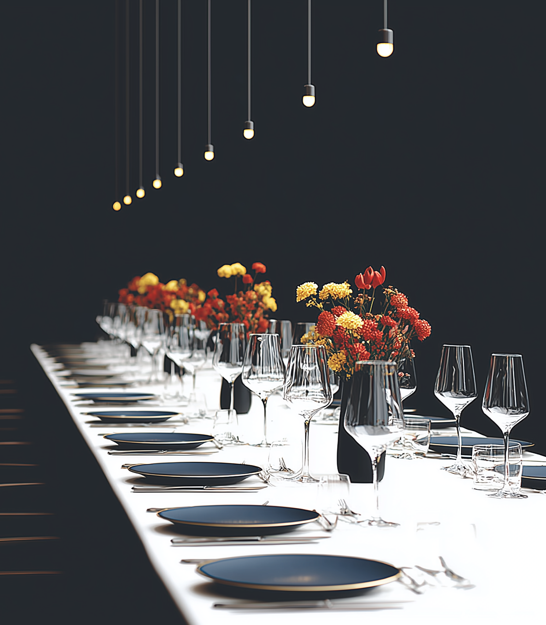 Eleganter Tisch mit schwarzen Tellern, Wein- und Wassergläsern, Blumenarrangements in Vasen und weißen Tischdecken, beleuchtet von modernen schwarzen Pendelleuchten gegen schwarzen Hintergrund.