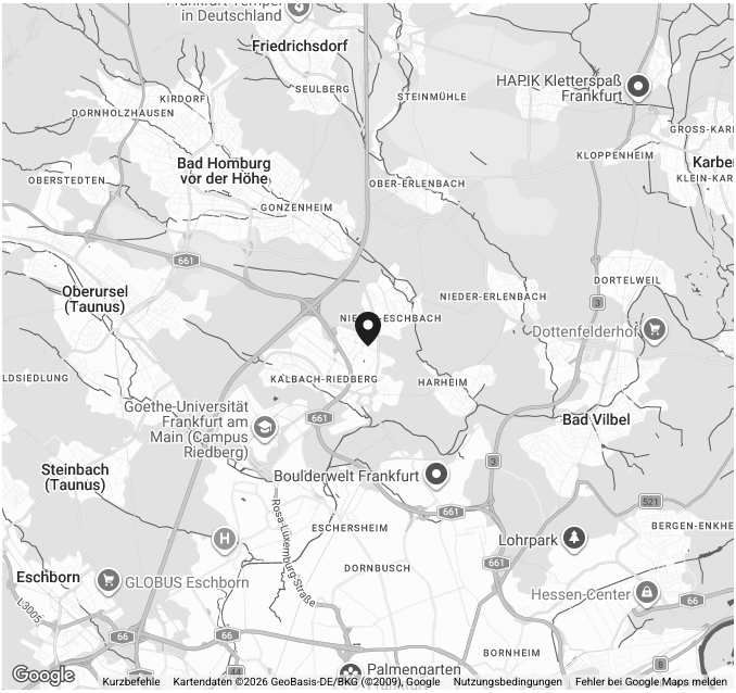 Karte von Frankfurt am Main und Umgebung, mit Markierungen für verschiedene Stadtteile und Sehenswürdigkeiten.