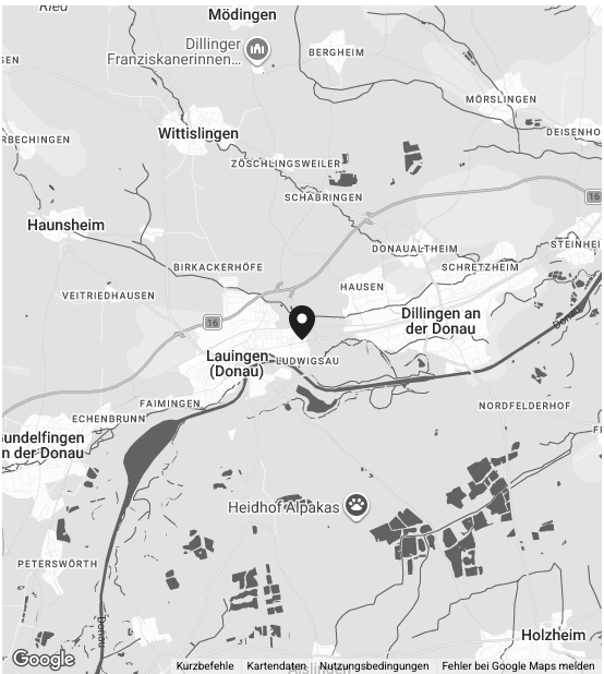 Karte von Lauingen an der Donau und Umgebung in Deutschland, mit Markierungen für verschiedene Ortschaften und Sehenswürdigkeiten.