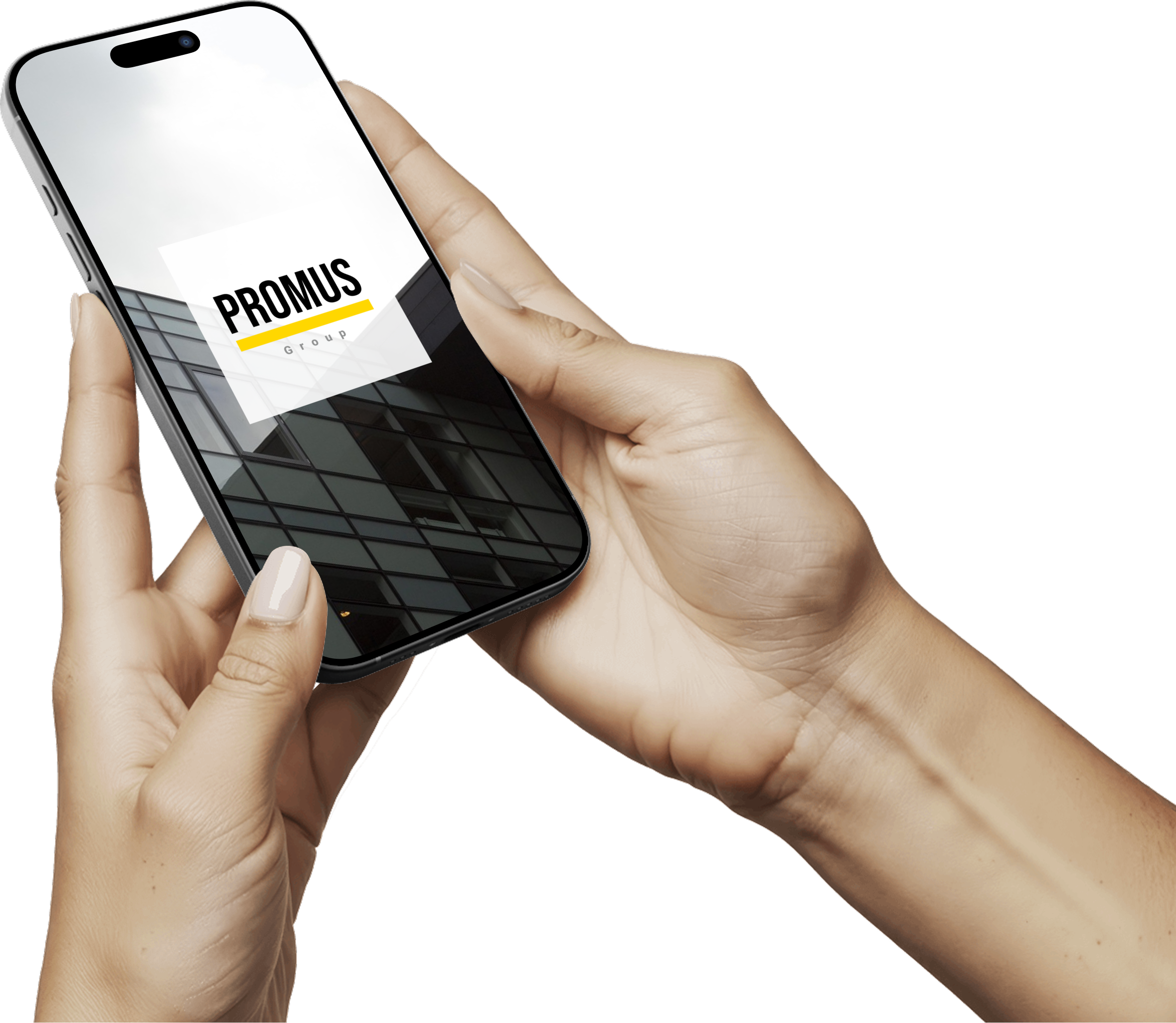Nahaufnahme einer Hand, die ein Smartphone hält, auf dem das Logo der Promus Group zu sehen ist.