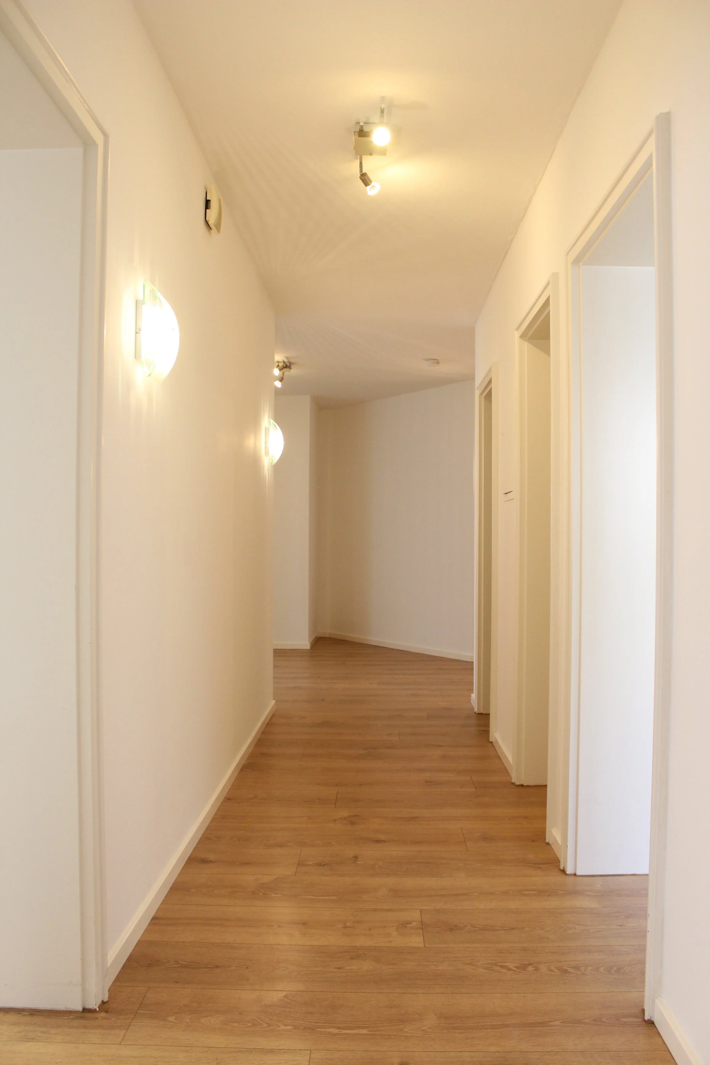 Ein heller Flur mit Holzfußboden, weiß gestrichene Wände und Türrahmen, Wandlampen und Deckenleuchten.