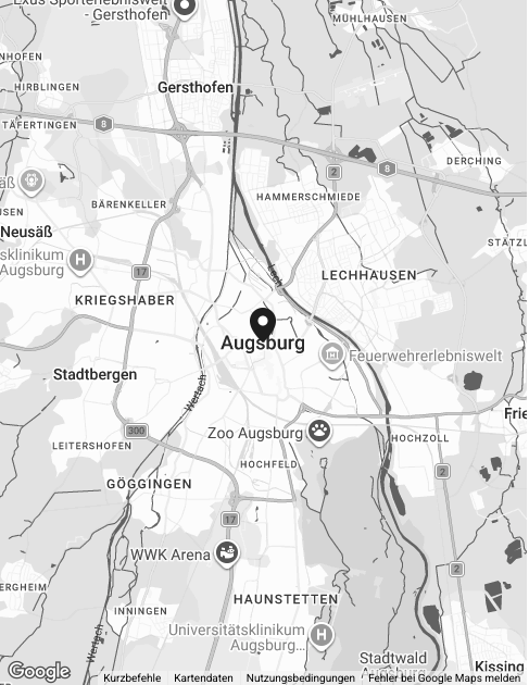 Karte von Augsburg, Deutschland, mit Markierungen für verschiedene Stadtteile und wichtige Orte wie Zoo, Kliniken und Arena.