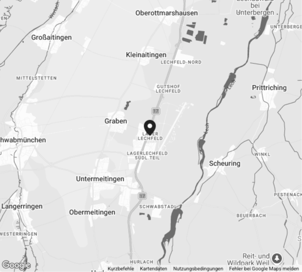 Schwarz-weiße Karte mit Orten in der Nähe von Lechfeld, darunter Oberottmarshausen, Prittriching, Scheuring, Untermeitingen und Langerringen.