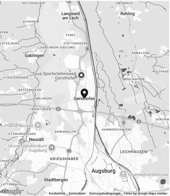 Karte der Region um Augsburg, Deutschland, mit Markierungen bei Gersthofen und einen weiteren Ort, inklusive umliegender Dörfer und Straßen.