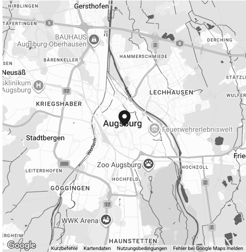 Karte der Augsburger Innenstadt mit Markierungen für Sehenswürdigkeiten, wie Zoo Augsburg, Feuerwehrerlebniswelt und WWK Arena.