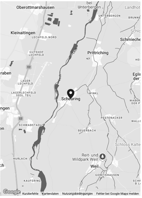 Karte der Region rund um Scheuring, Deutschland, mit Flüssen, Orten und Straßen detailliert dargestellt.