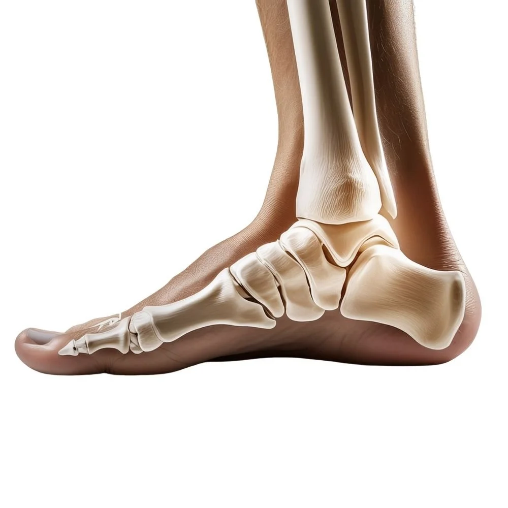 Illustration of a foot showing bones inside, representing podiatry biomechanics and movement assessment