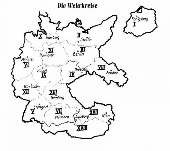 Carte de l'Allemagne avec ses différentes régions militaires, illustrant la 'Der Wehrkreise'. Each region est numérotée et nommée, comme 'I' pour Königsberg, 'VIII' pour Breslau, et autres, avec des lignes délimitant les zones.