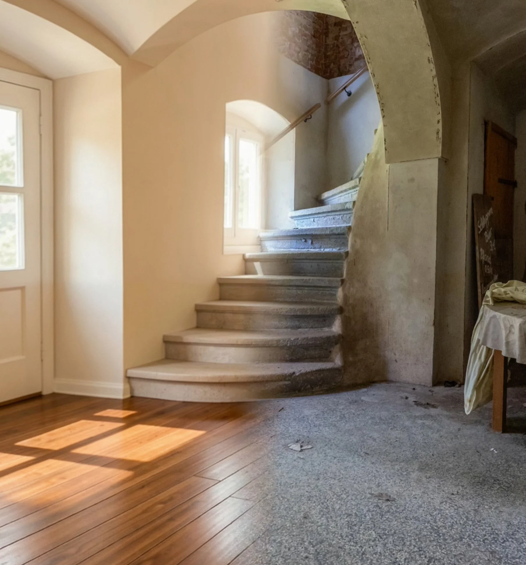 Vorher-Nachher-Vergleich einer sanierten Altbautreppe-professionelle Immobilienfotografie von Culet
