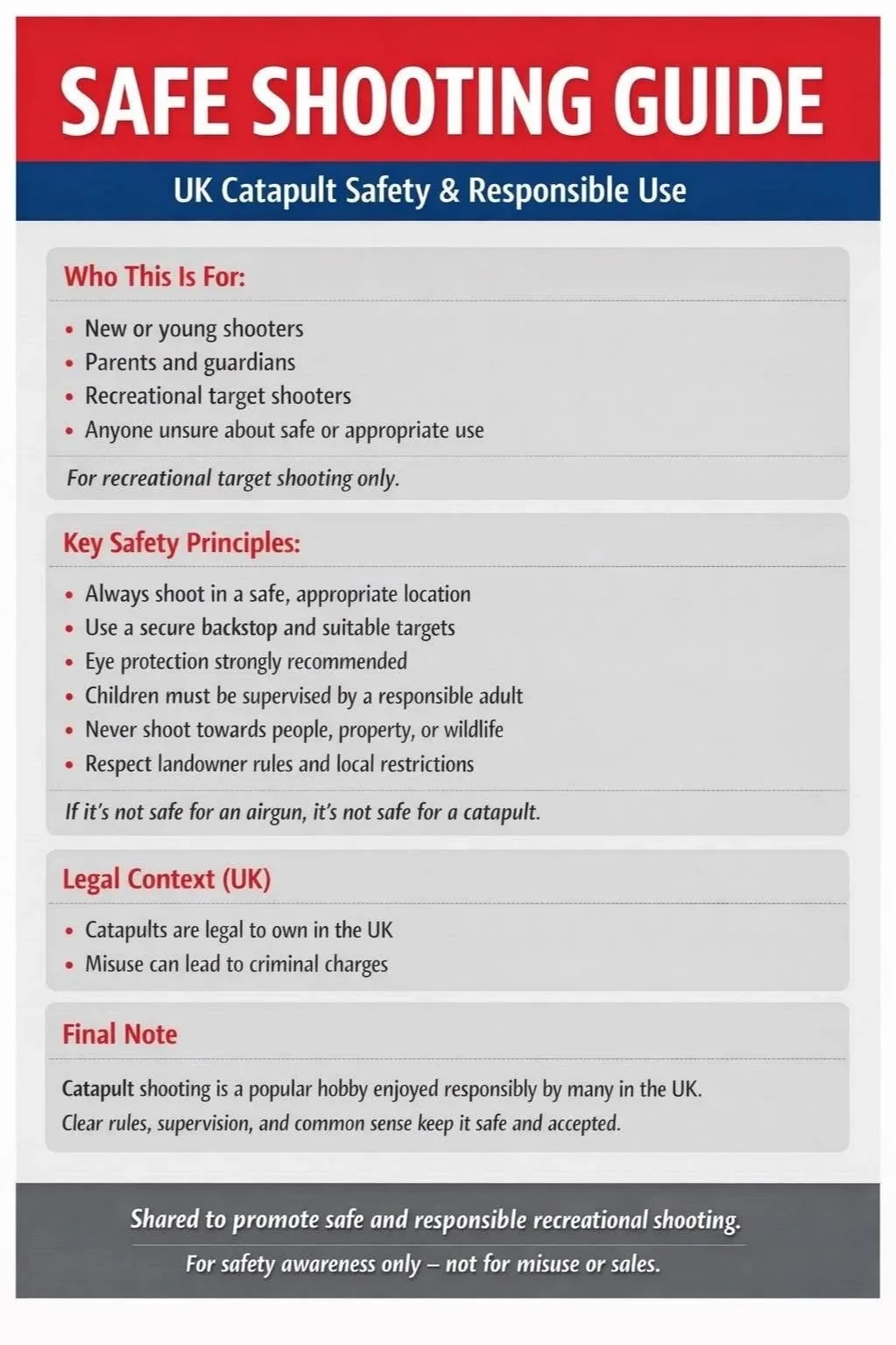 Poster titled 'Safe Shooting Guide' providing safety tips and legal information for UK catapult use, including key safety principles and responsible recreational shooting.