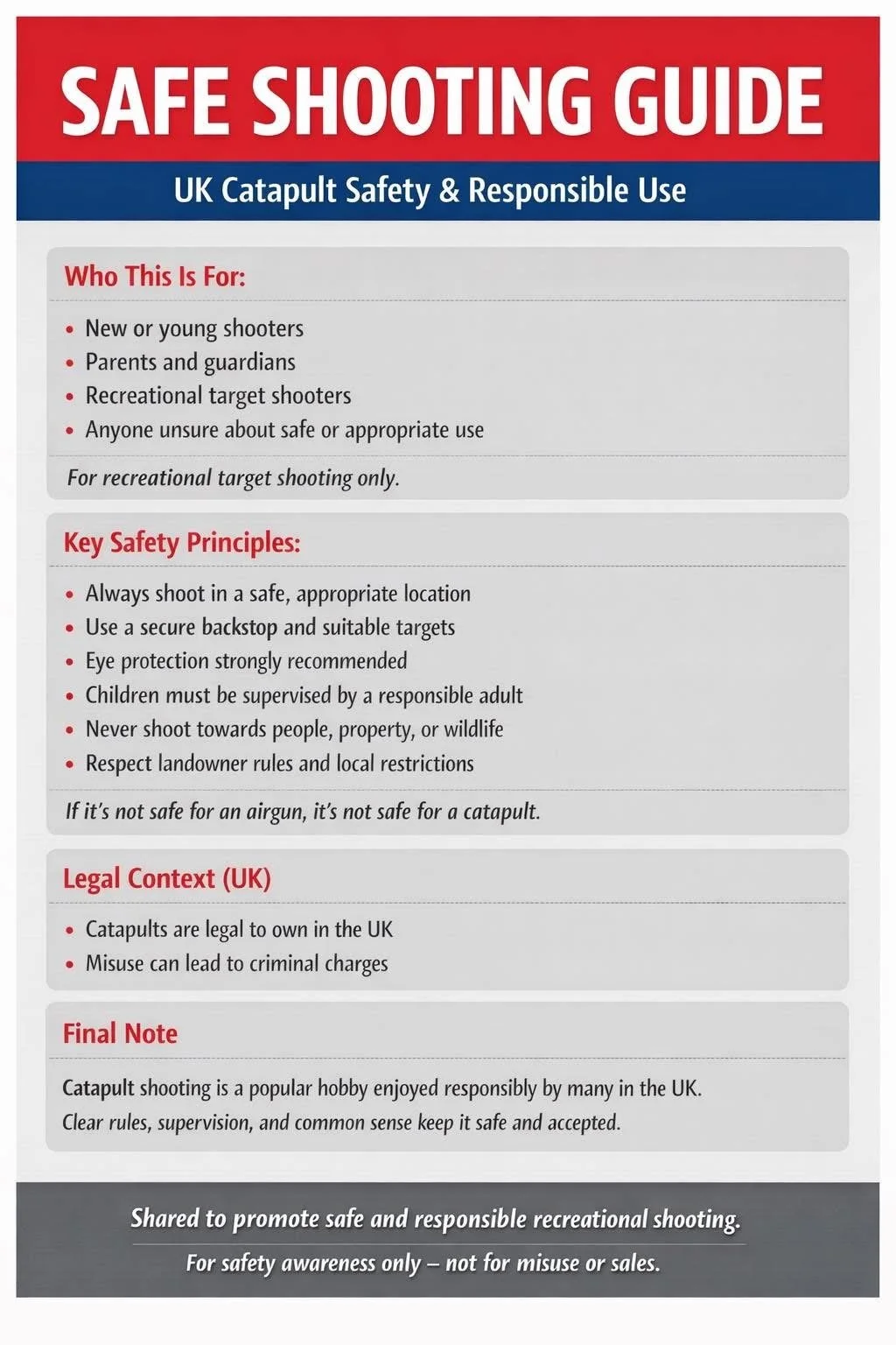 A safety shooting guide for UK catapult use, with safety principles, legal context, and responsible shooting tips.