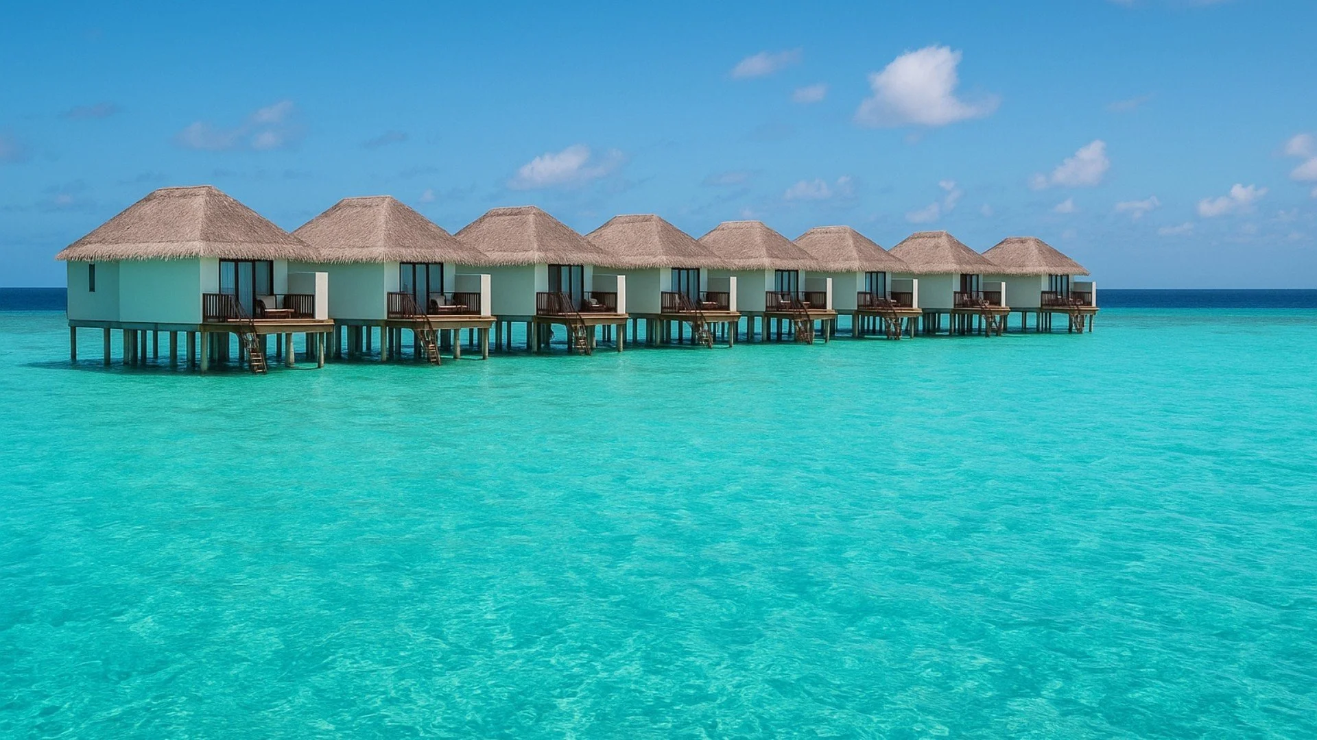 Maldives, overwater bungalows with thatched roofs at a tropical beach resort, turquoise water in the foreground, and a blue sky with a few clouds.