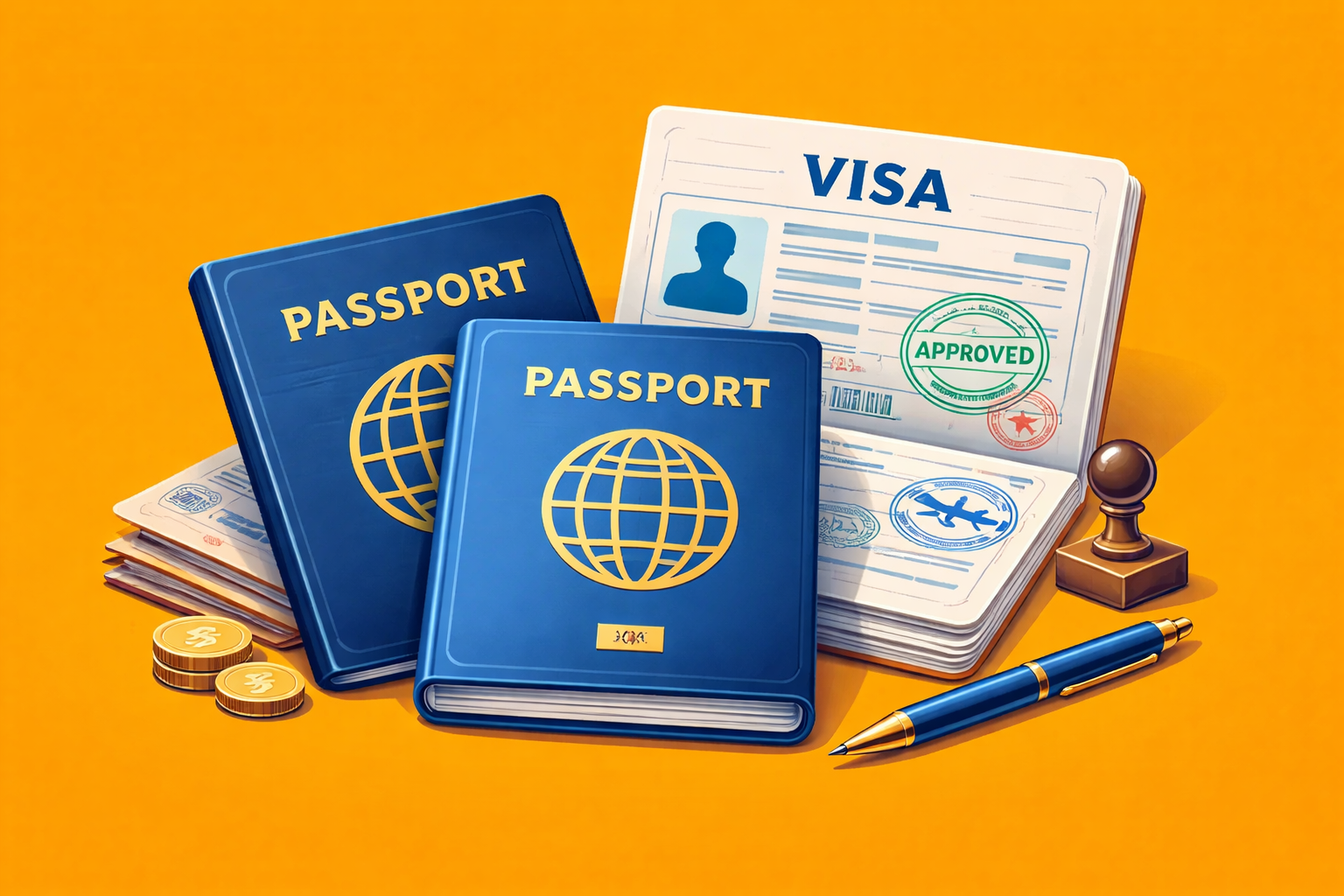 Open travel passport with multiple entry visas and stamps, resting on a white surface.