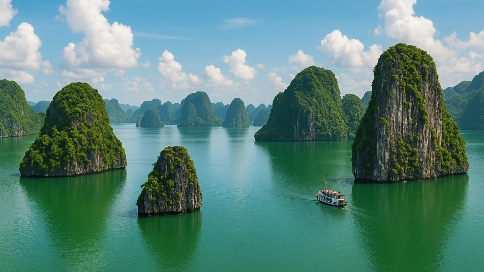 Green limestone islands in a marina with a boat sailing near the islands under a blue sky with clouds.