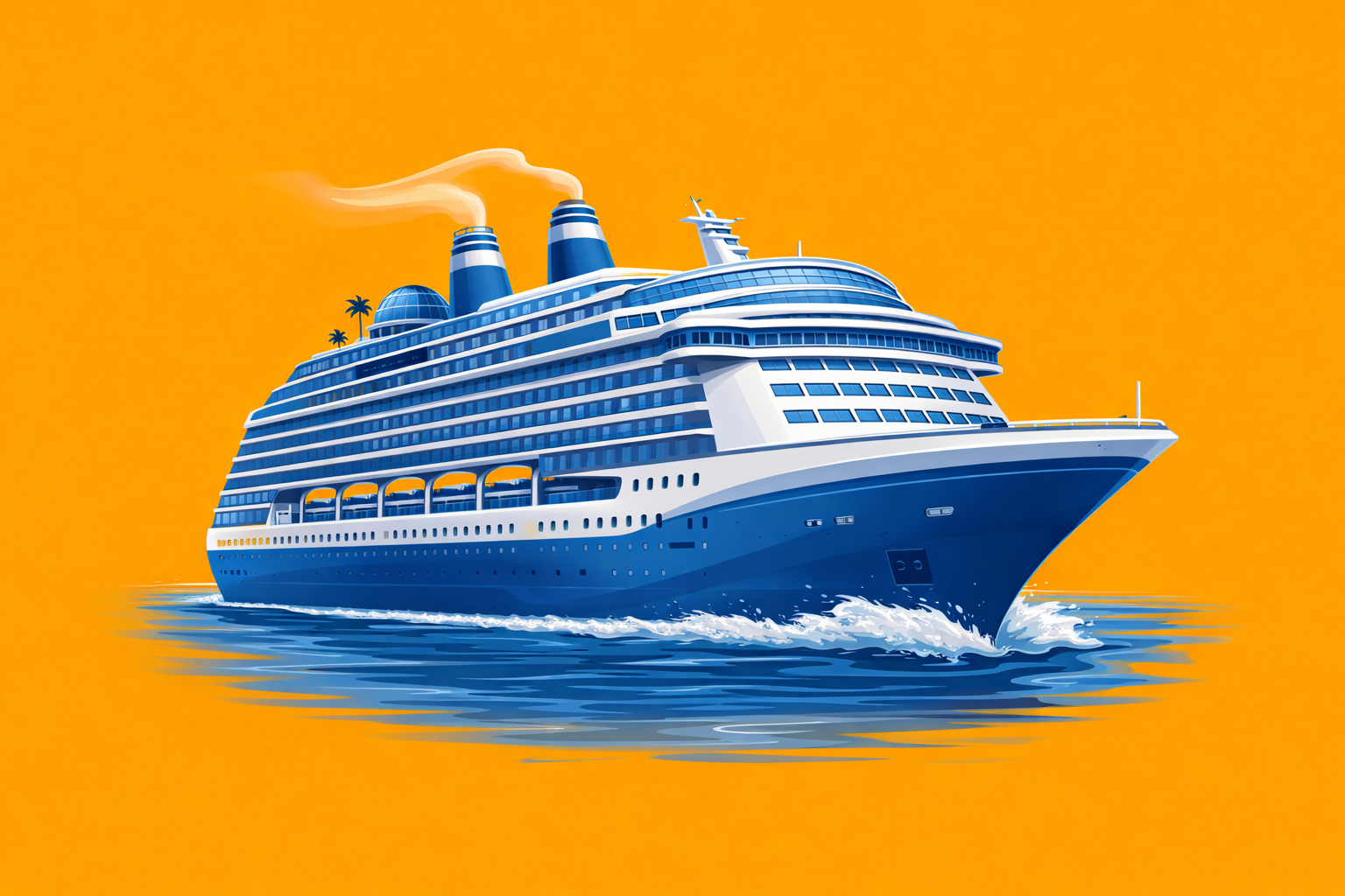 A cruise ship sailing on calm ocean water during a sunset, with a sky painted in warm orange and pink hues.