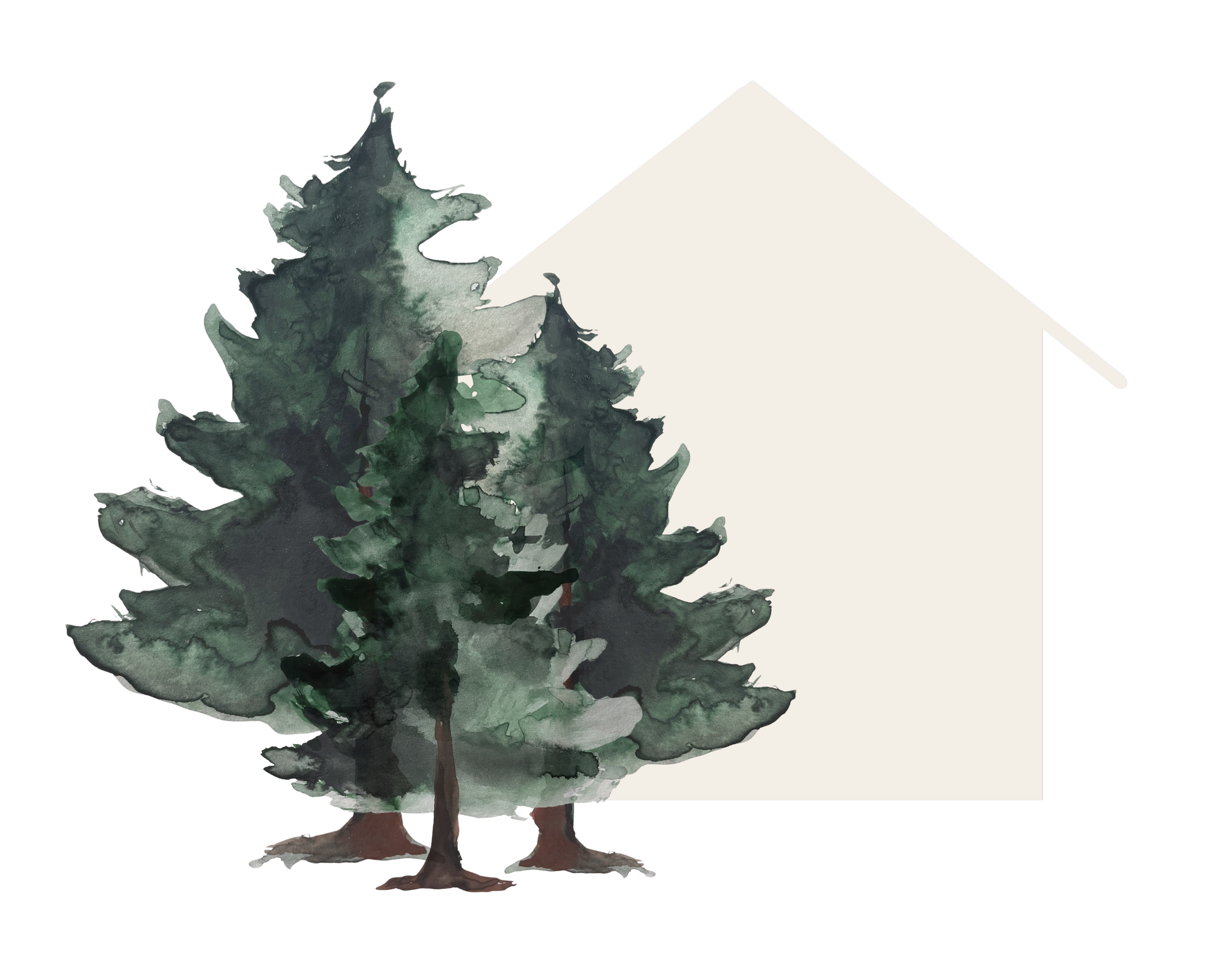 Drei Bäum mit grünen Blättern auf einer Illustration eines cremefarbenen Haus.