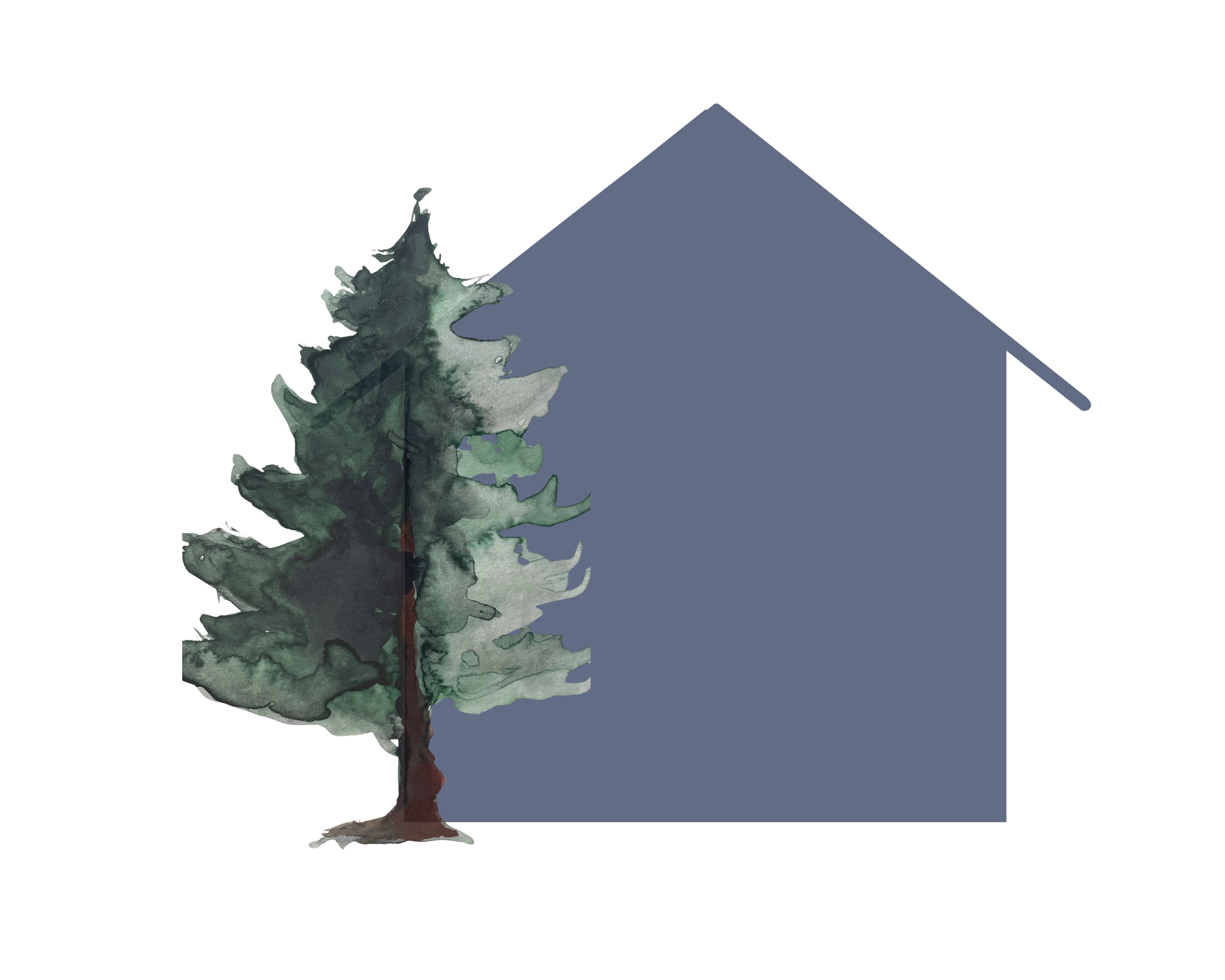 Illustration eines Baumes mit grünen Blättern und brauner Rinde vor einem blauen Haus.