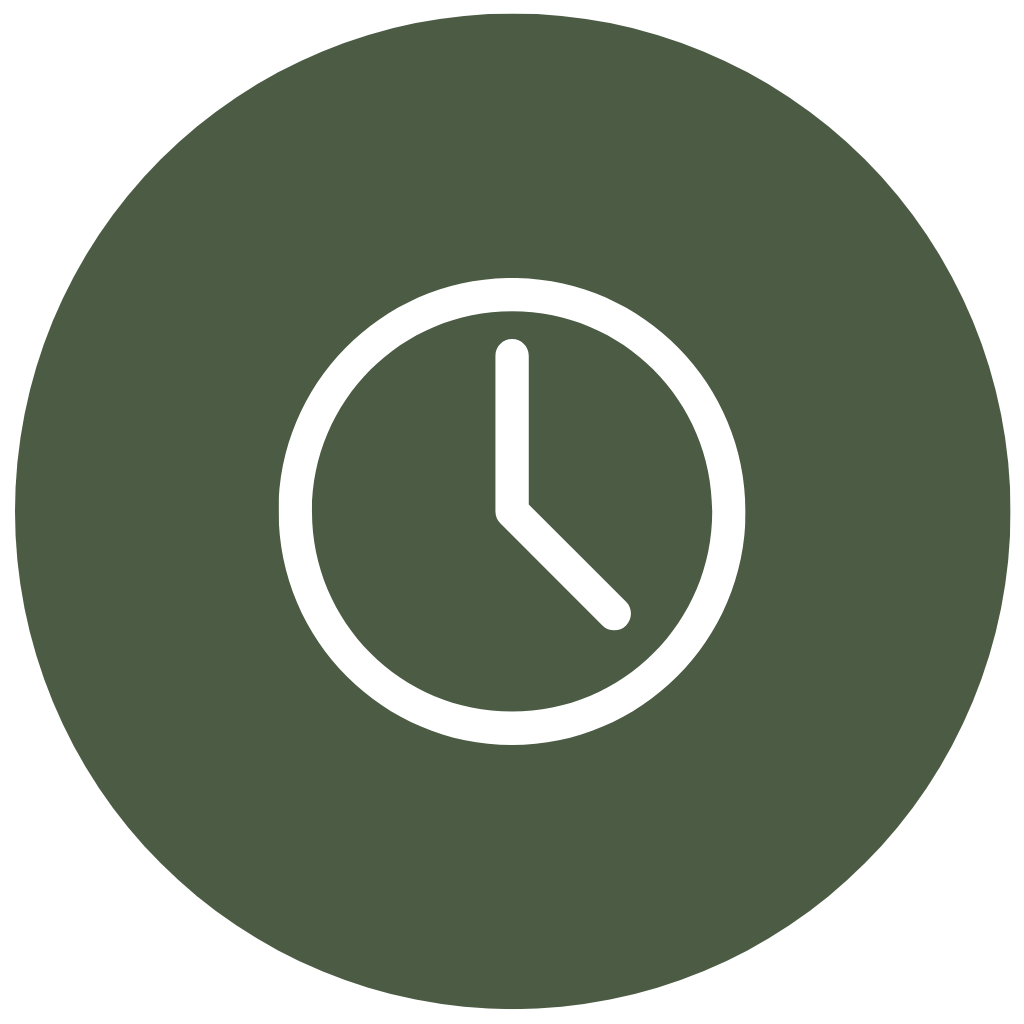Clock icon with a white outline on a dark green circular background.
