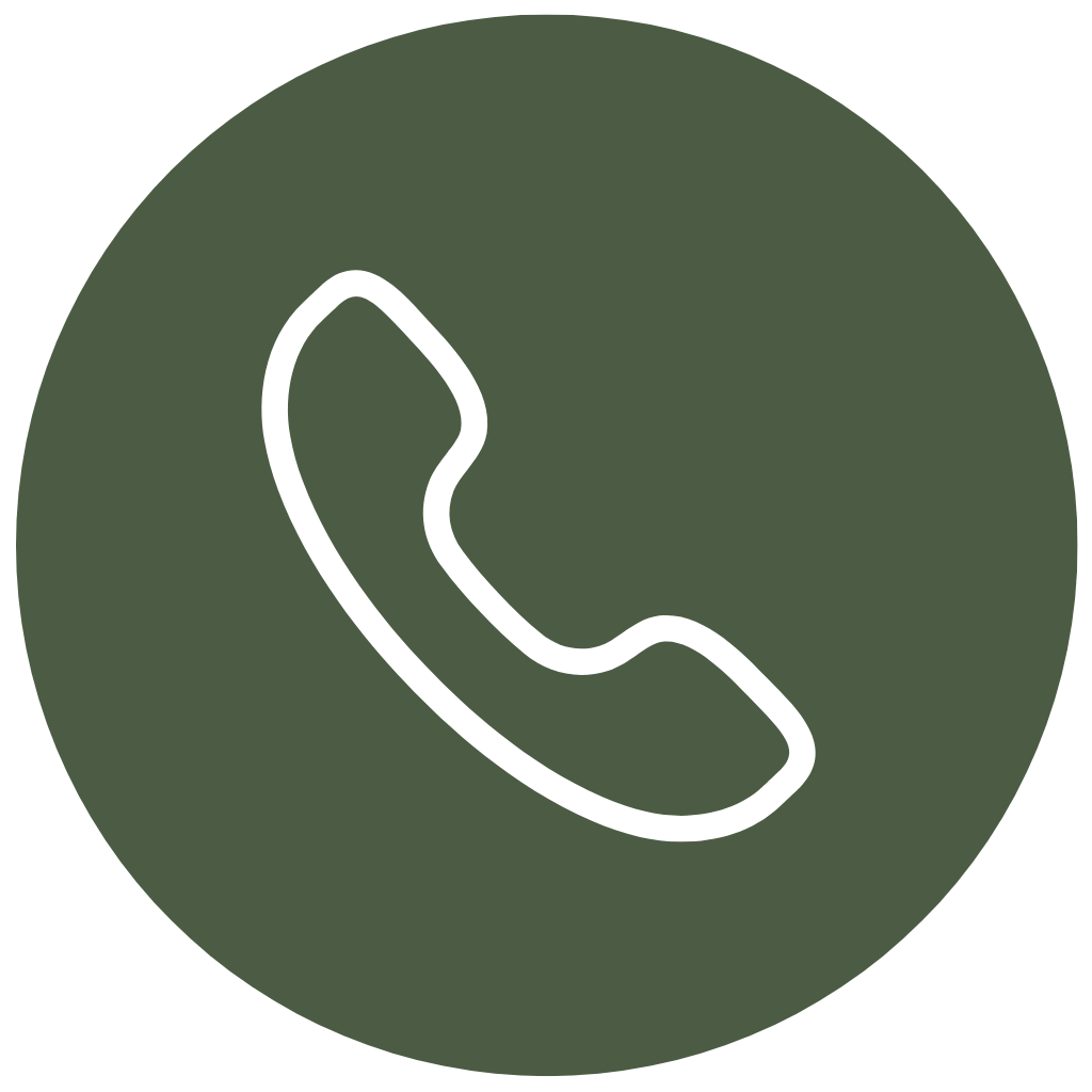 Icon of a telephone receiver in white on a dark green circular background.