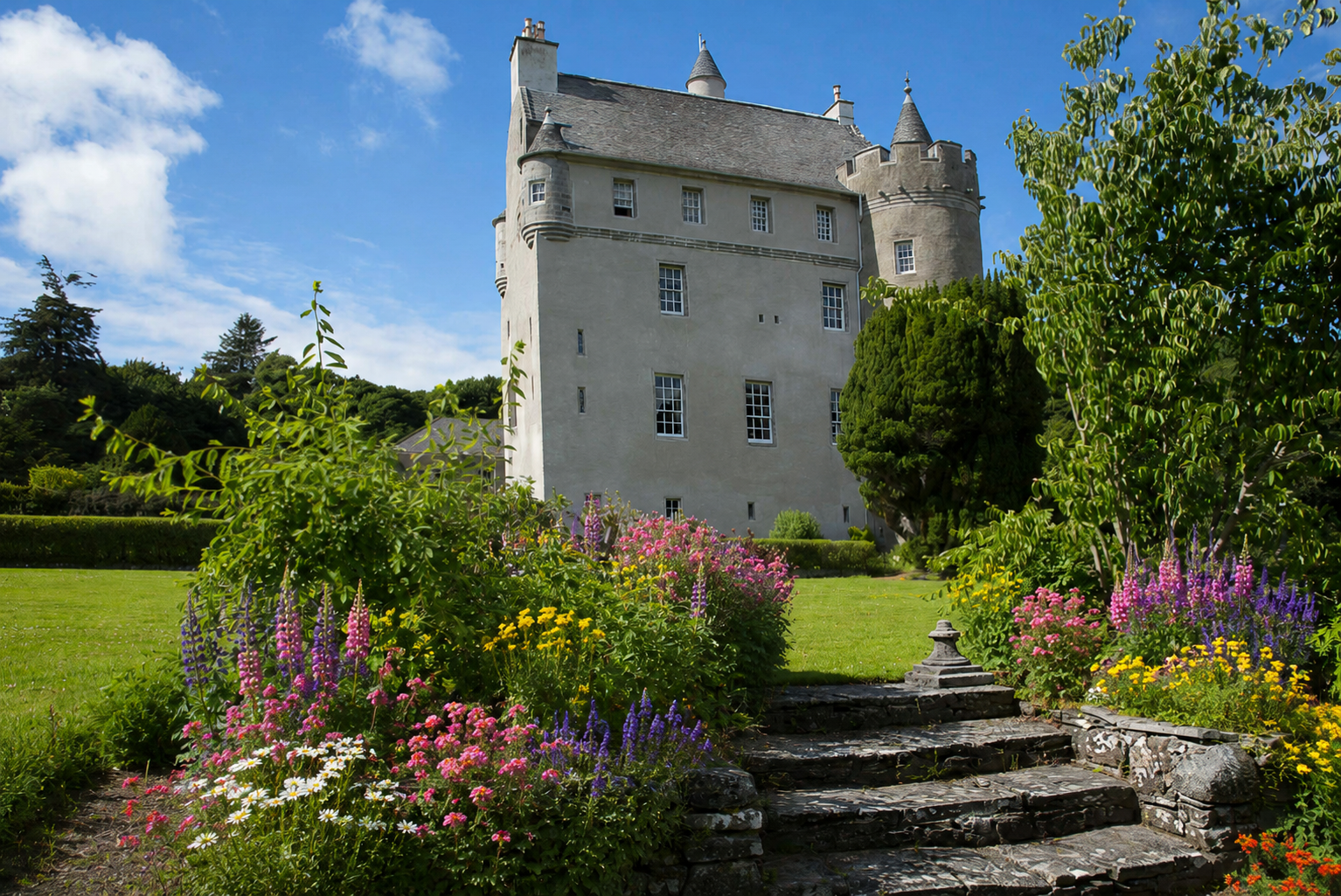 A historic castle with gray stone walls and stone turrets surrounded by colorful flowers and manicured lawns, under a bright blue sky with some clouds.