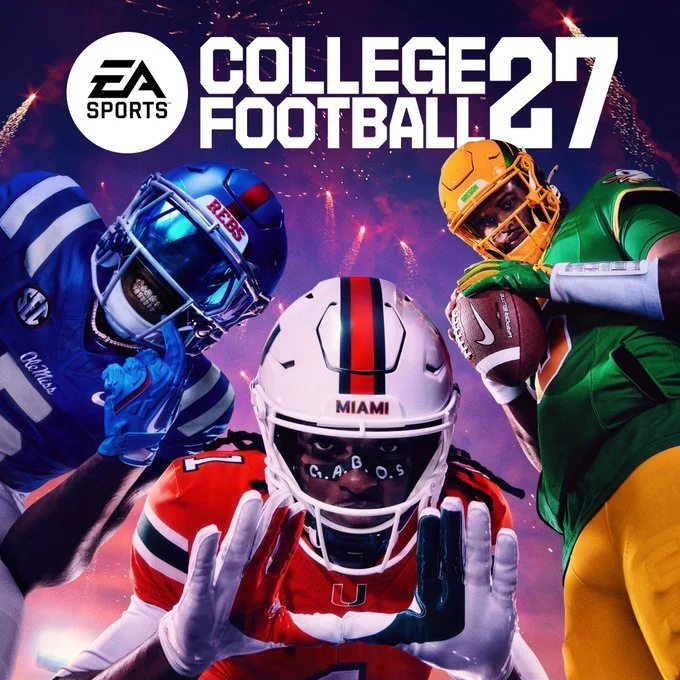Promotional image for EA Sports College Football 27 showing three football players in colorful uniforms and helmets, with fireworks in the background, and the game's title and logo at the top.