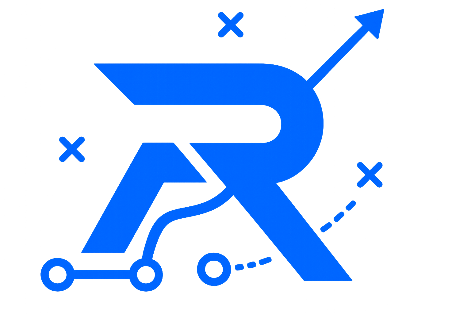 A stylized logo featuring a large, bold letter R overlapping with a letter P, both in blue gradient. The design includes arrows, circles, dashed lines, and X marks, suggesting movement and innovation, set against a black background.