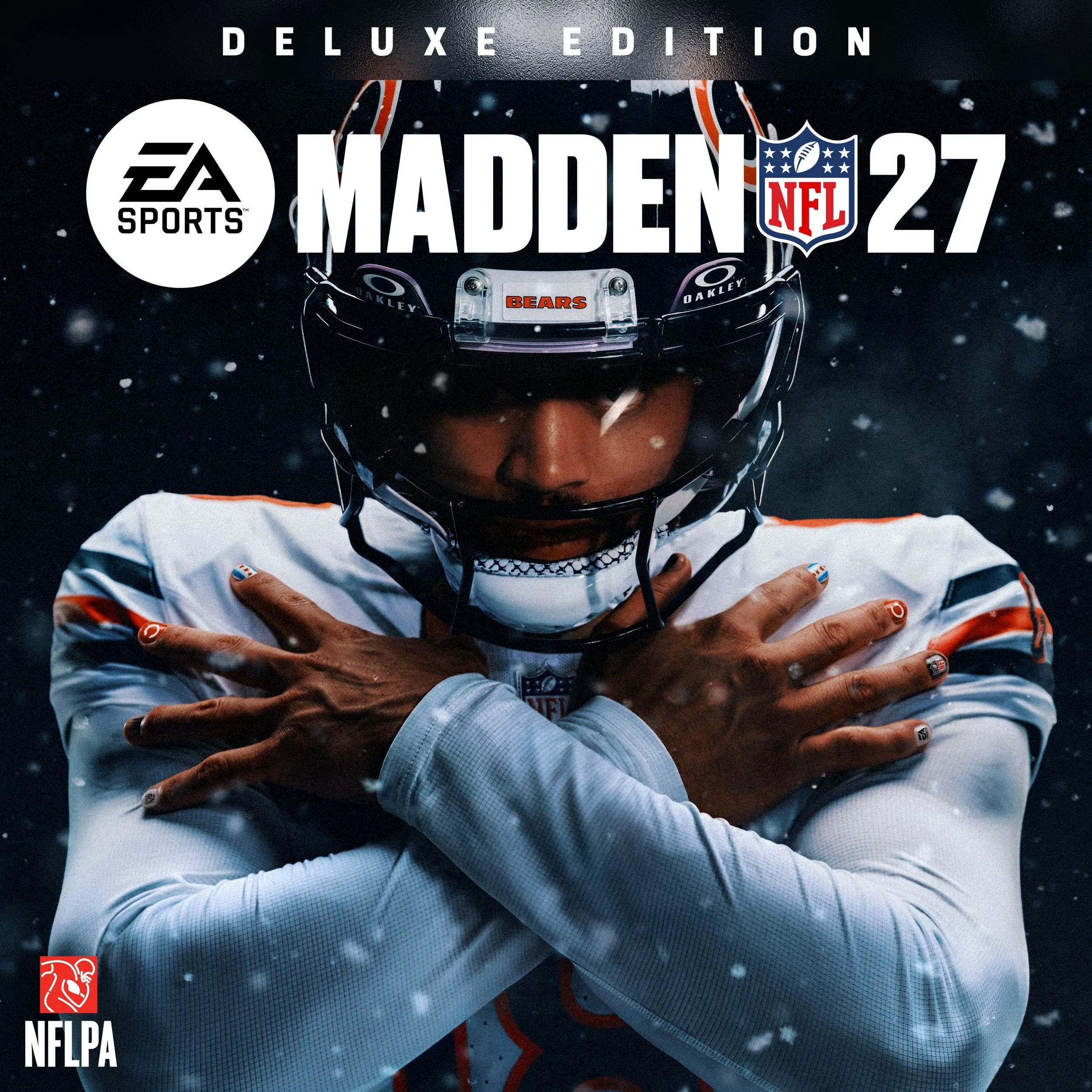 Famous football player wearing helmet and jersey, falling or in motion, with snow in the background. Promotional text for Madden NFL 27 Deluxe Edition by EA Sports is visible along with NFL and NFLPA logos.