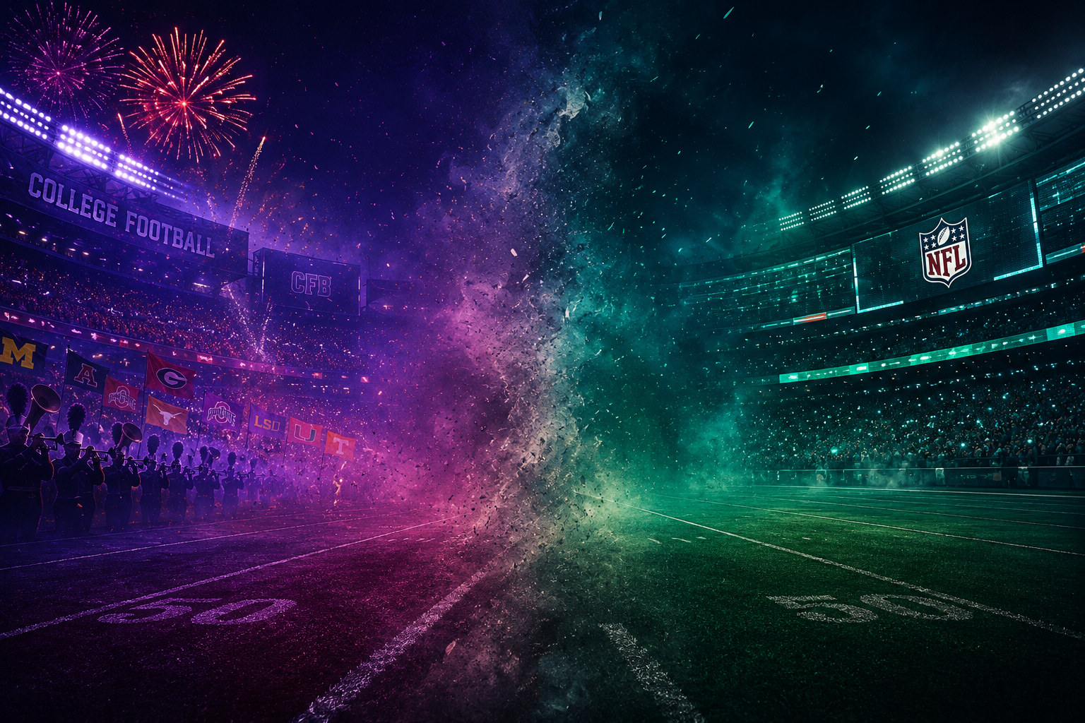 Split image of a football stadium with fireworks in the sky. The left side shows college football banners and players, with purple and pink lighting, and the right side has an NFL logo with a green-lit stadium.