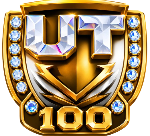 A decorative shield-shaped emblem with the letters "UFT" and the number "100" in gold, adorned with blue gemstones along the edges.